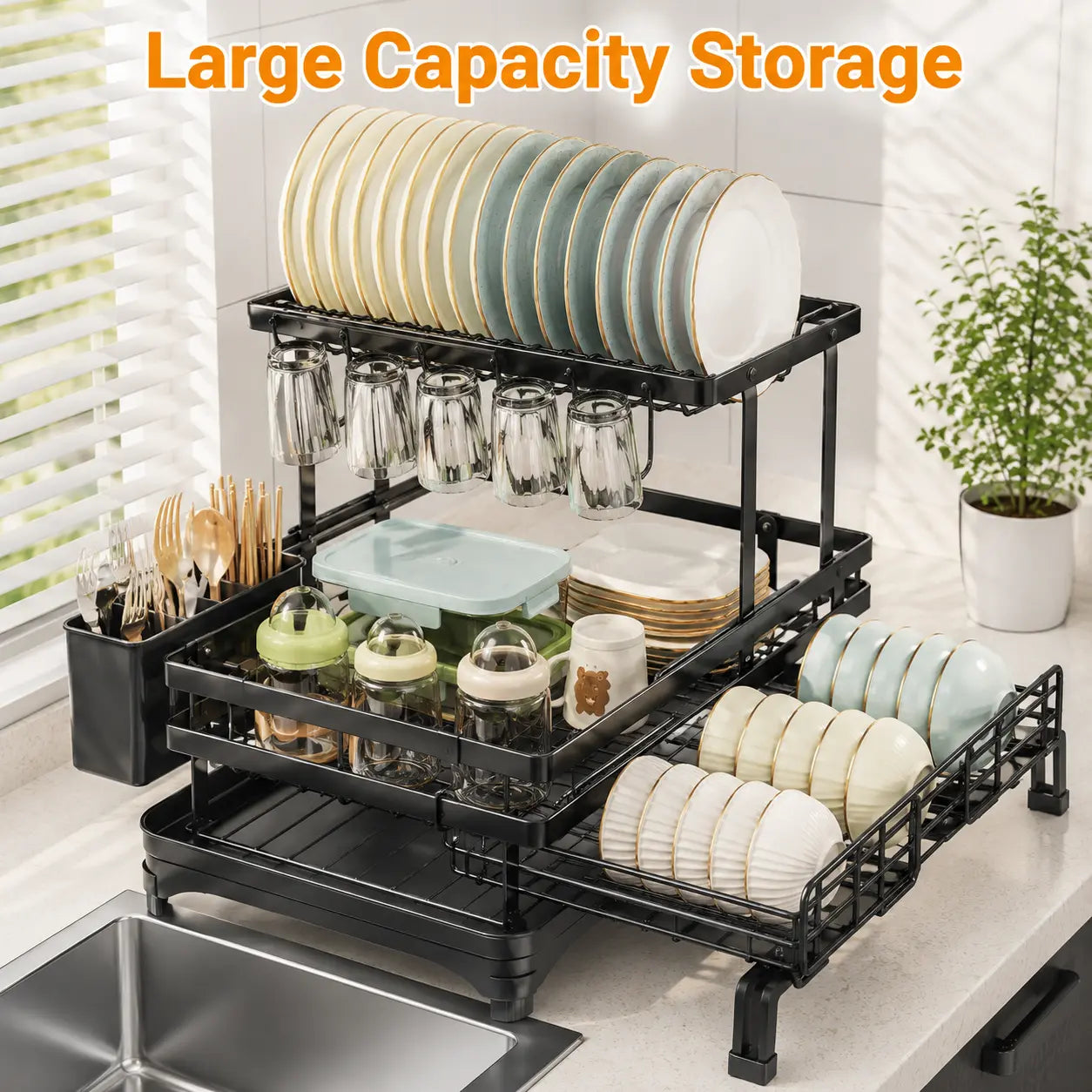 【Summer Deals】 Foldable over Sink Dish Drying Rack Pull-Out 2-Tier Dish Drainer with Utensil Holder Space Saving Kitchen Organizer for Small Kitchens