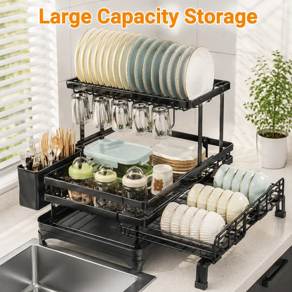 【Summer Deals】 Foldable over Sink Dish Drying Rack Pull-Out 2-Tier Dish Drainer with Utensil Holder Space Saving Kitchen Organizer for Small Kitchens