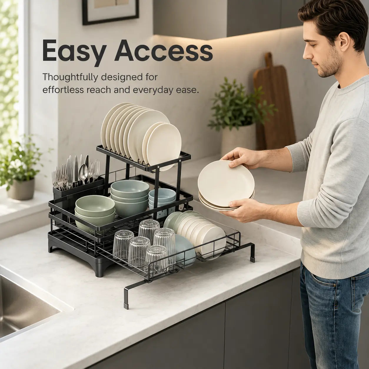 【Summer Deals】 Foldable over Sink Dish Drying Rack Pull-Out 2-Tier Dish Drainer with Utensil Holder Space Saving Kitchen Organizer for Small Kitchens