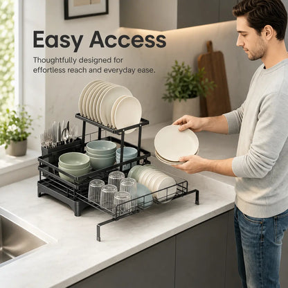 【Summer Deals】 Foldable over Sink Dish Drying Rack Pull-Out 2-Tier Dish Drainer with Utensil Holder Space Saving Kitchen Organizer for Small Kitchens