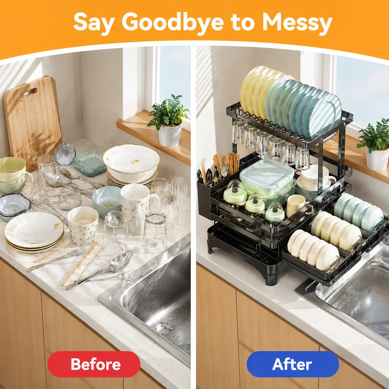 【Summer Deals】 Foldable over Sink Dish Drying Rack Pull-Out 2-Tier Dish Drainer with Utensil Holder Space Saving Kitchen Organizer for Small Kitchens