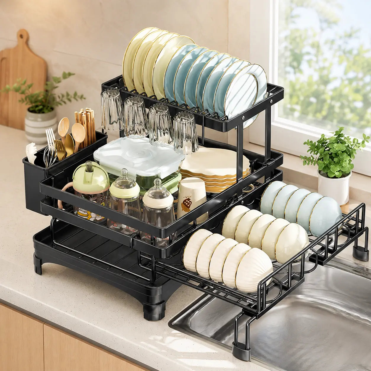 【Summer Deals】 Foldable over Sink Dish Drying Rack Pull-Out 2-Tier Dish Drainer with Utensil Holder Space Saving Kitchen Organizer for Small Kitchens
